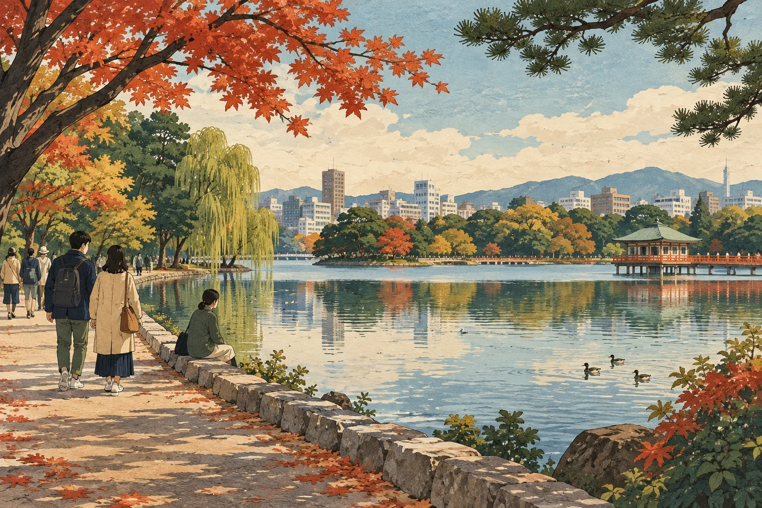 Autorska ilustracja koncepcyjna jesiennego brzegu jeziora w parku Ohori w Fukuoce, z drzewami i spacerowiczami