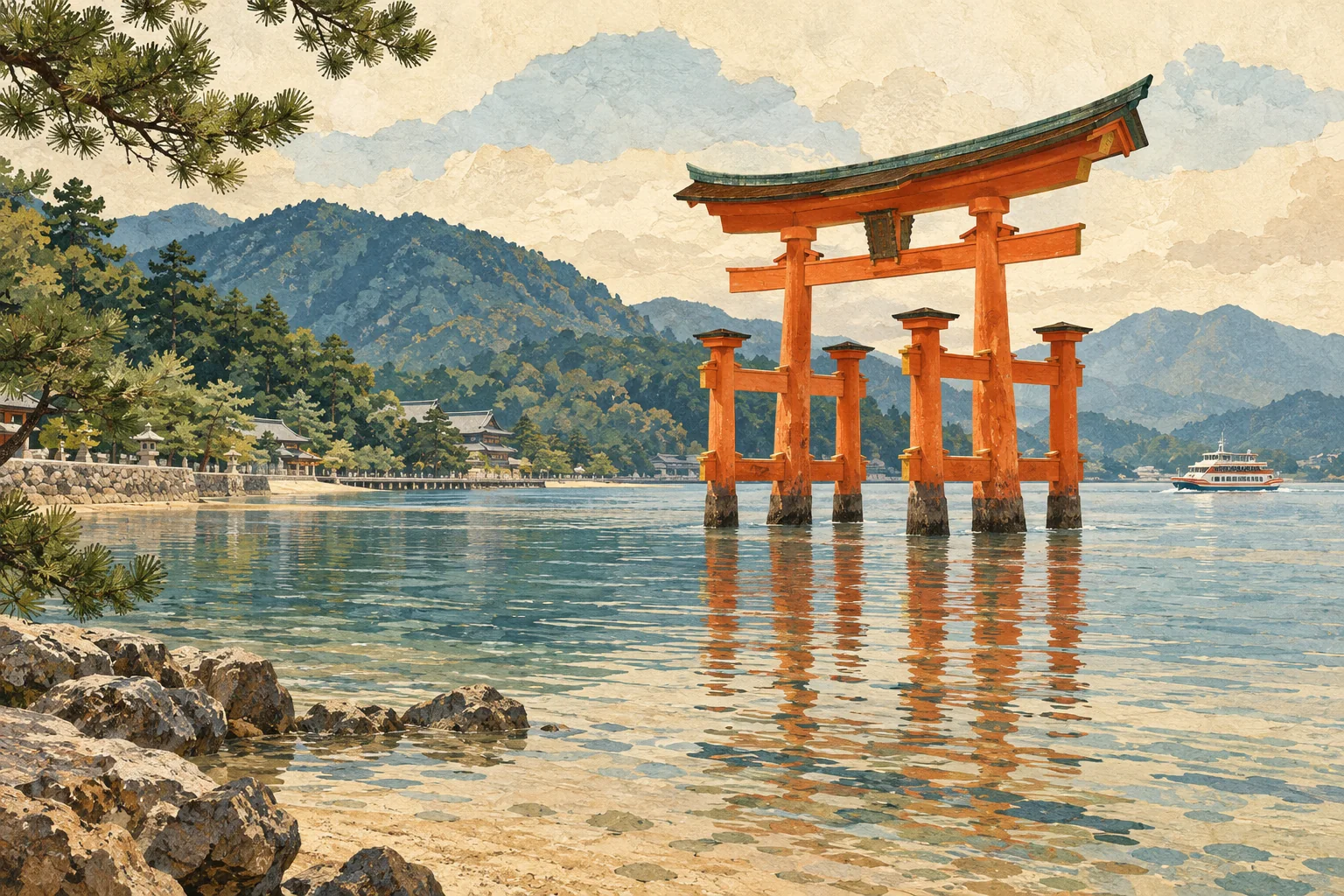 Autorska ilustracja koncepcyjna torii Miyajimy w wodzie, z górami i promem w oddali