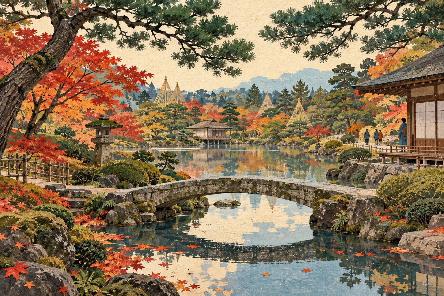 Autorska ilustracja jesiennego ogrodu ze stawem, kamiennym mostem, sosnami i drewnianymi budynkami