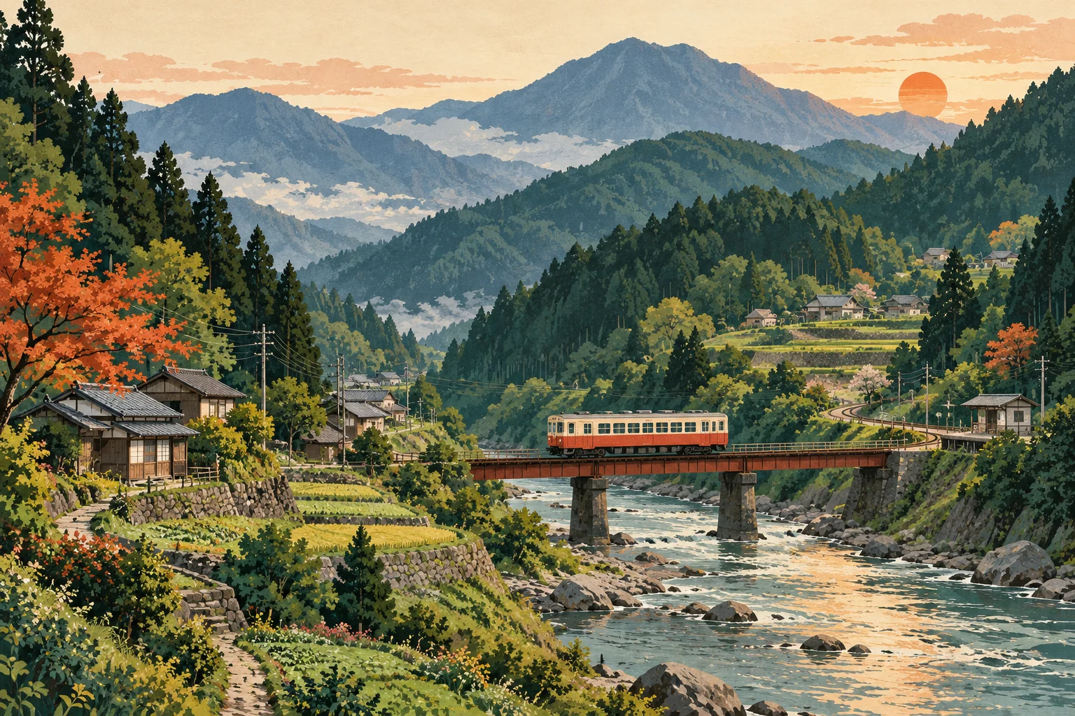Original illustration of an orange and cream local train crossing a river bridge in a mountain valley