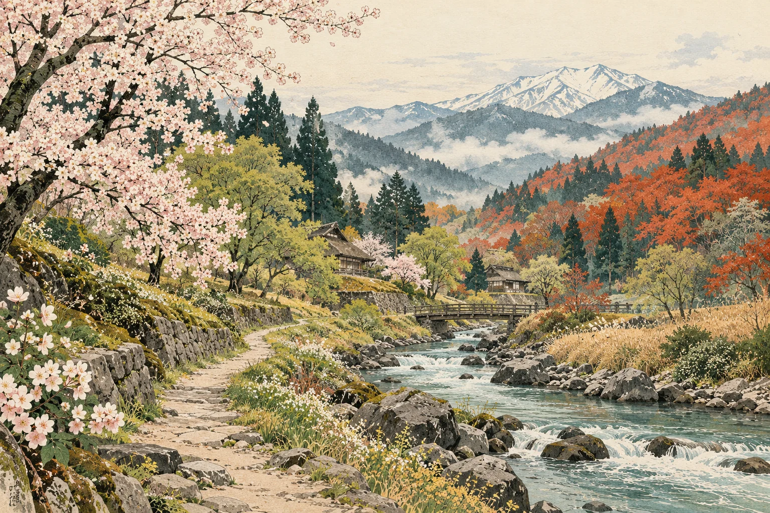 Original seasonal illustration combining cherry blossoms, autumn leaves and a mountain stream